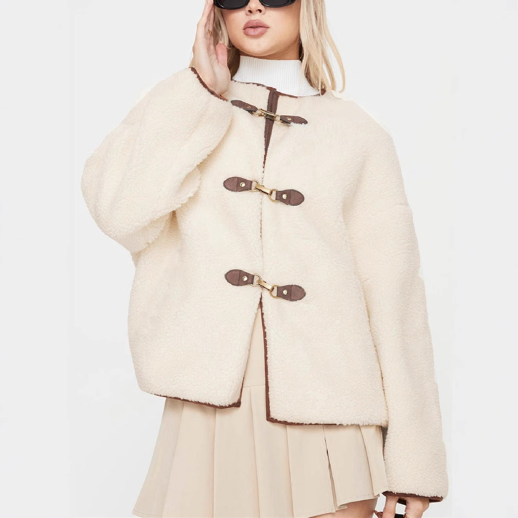 Women's Thickened Fleece Leather Ring Round Neck Long Sleeve Coats