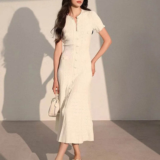 Sleeve Knitted Slit Dress Hollow Single Sweaters