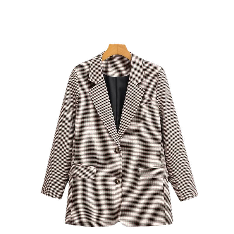 Women's Autumn Collar Plaid Casual Loose Long Blazers