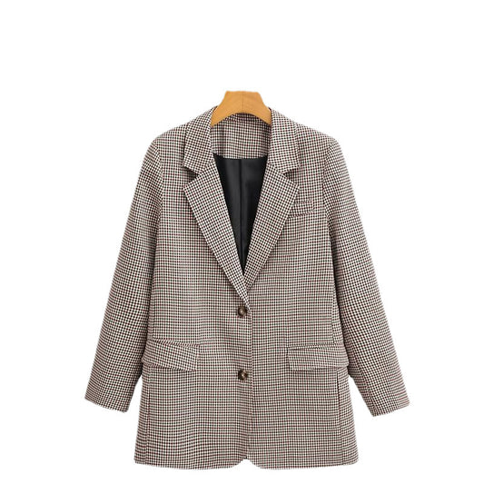 Women's Autumn Collar Plaid Casual Loose Long Blazers