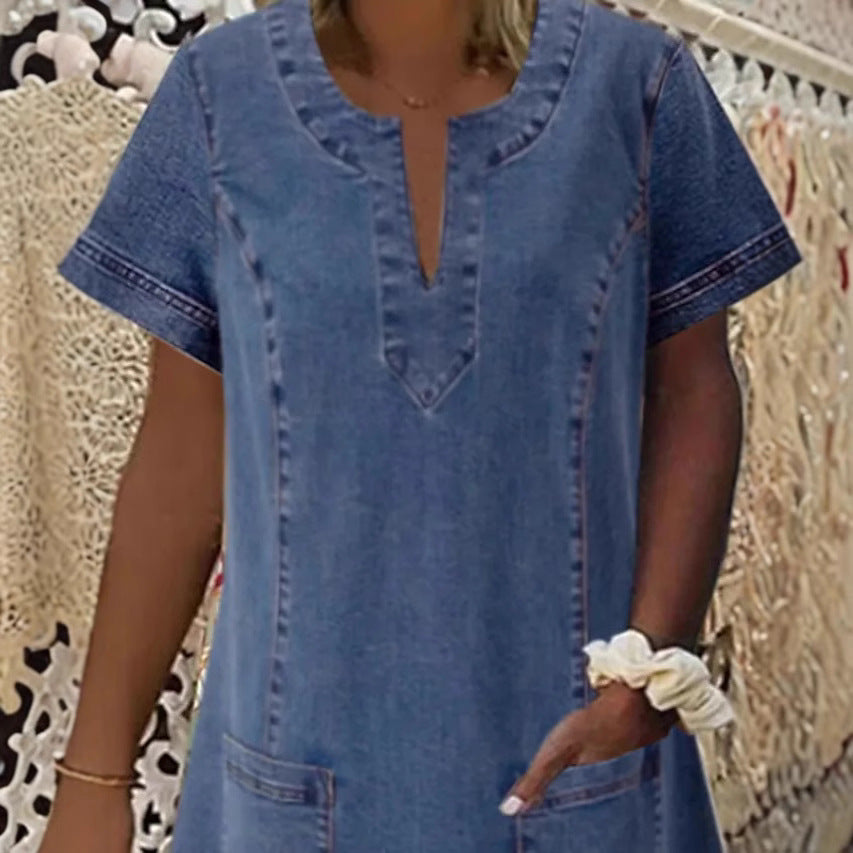 Women's Denim Dress With Collar Pleated Pockets Dresses