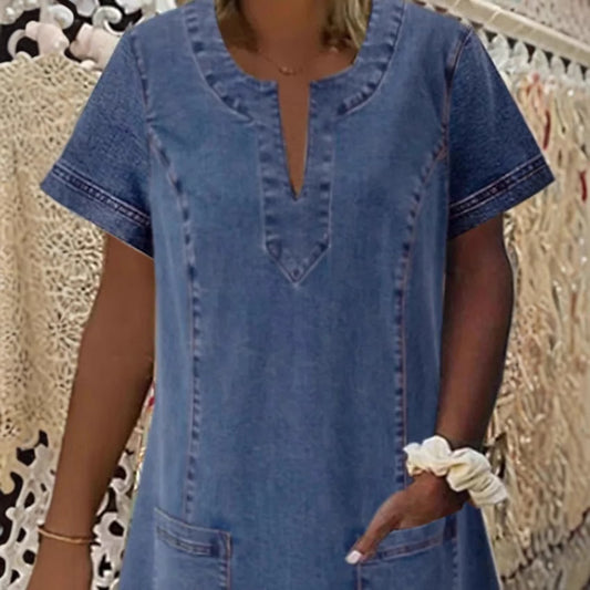 Women's Denim Dress With Collar Pleated Pockets Dresses