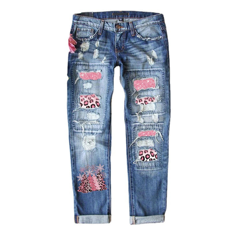 Women's Beautiful Winter Christmas Printed Ripped Jeans