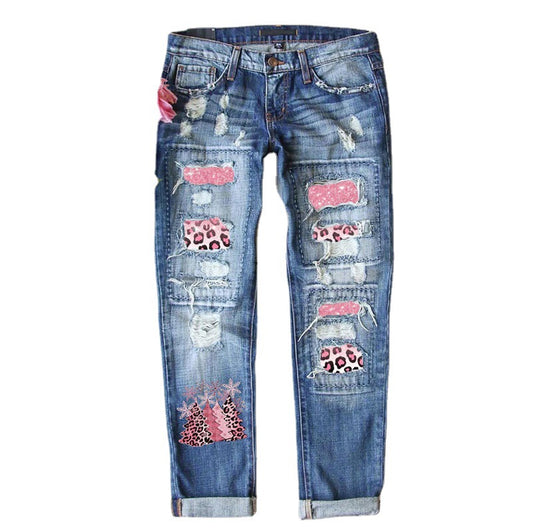 Women's Beautiful Winter Christmas Printed Ripped Jeans