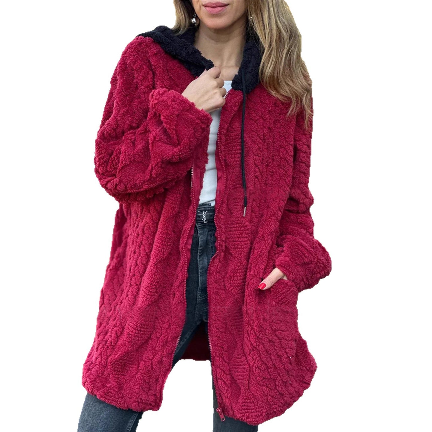 Women's Casual Hooded Solid Color Fur Zip Long Sleeve Coats