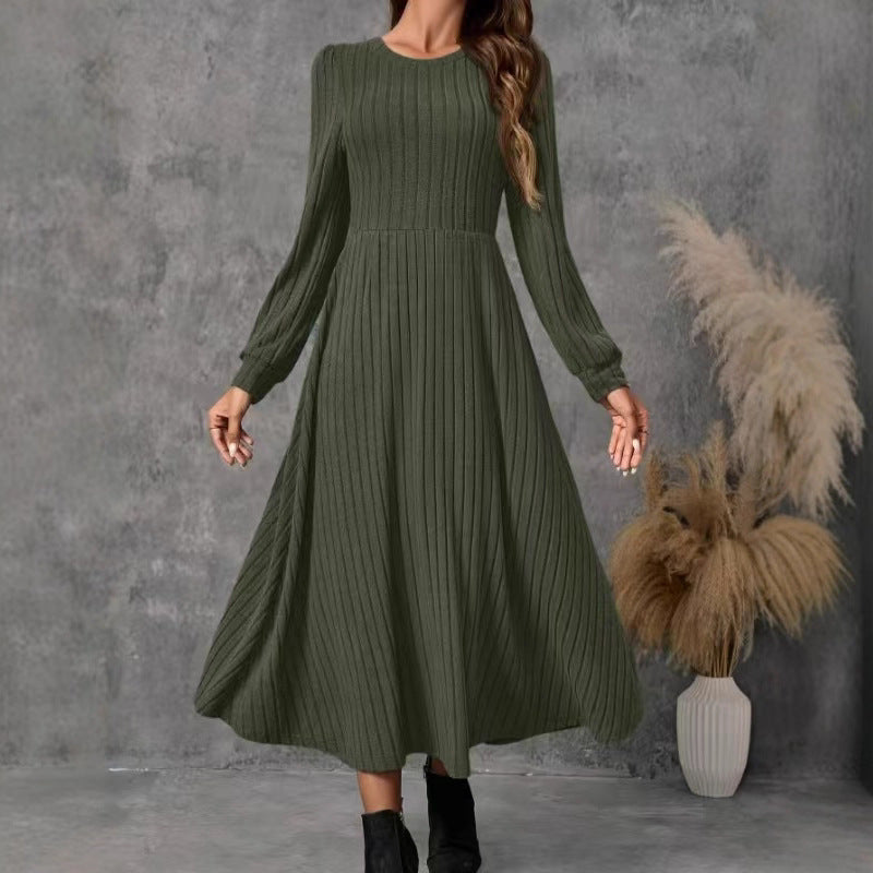 Women's Long Round Neck Solid Color Swing Knitted Dress