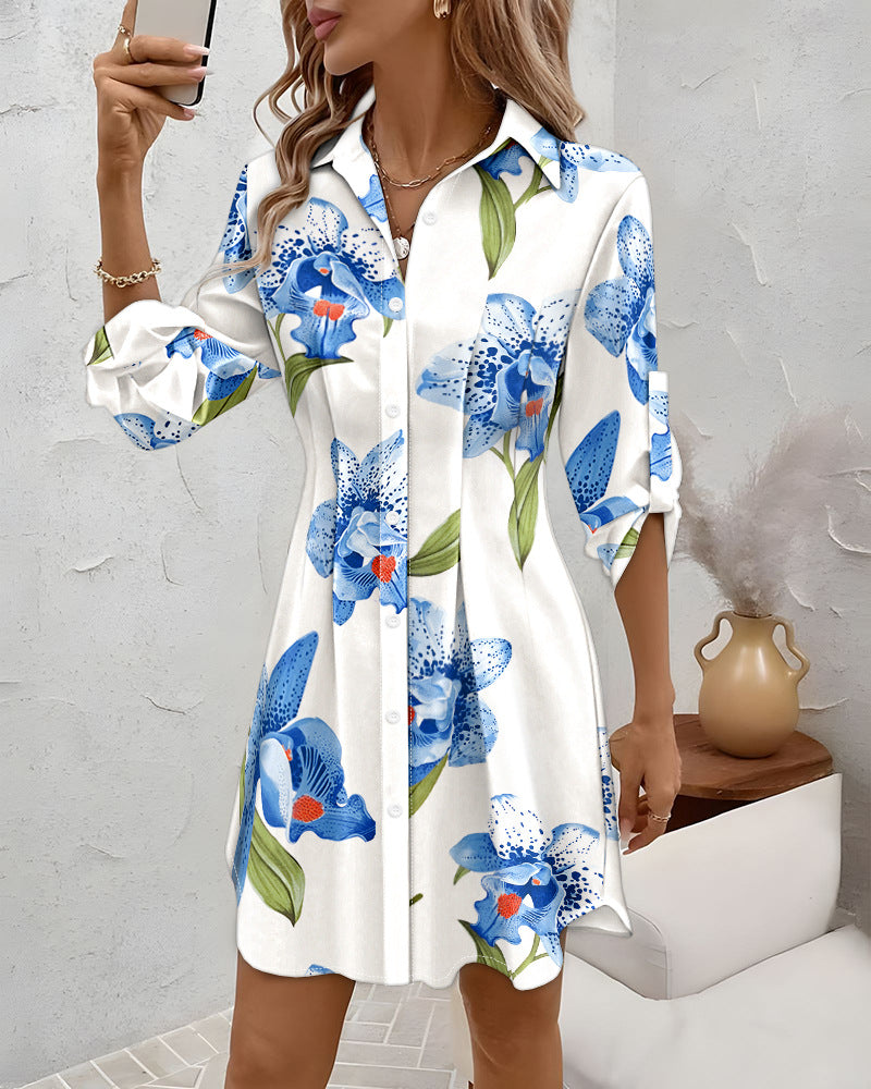 Women's Versatile Commuter Floral Print Shirt Dress Dresses