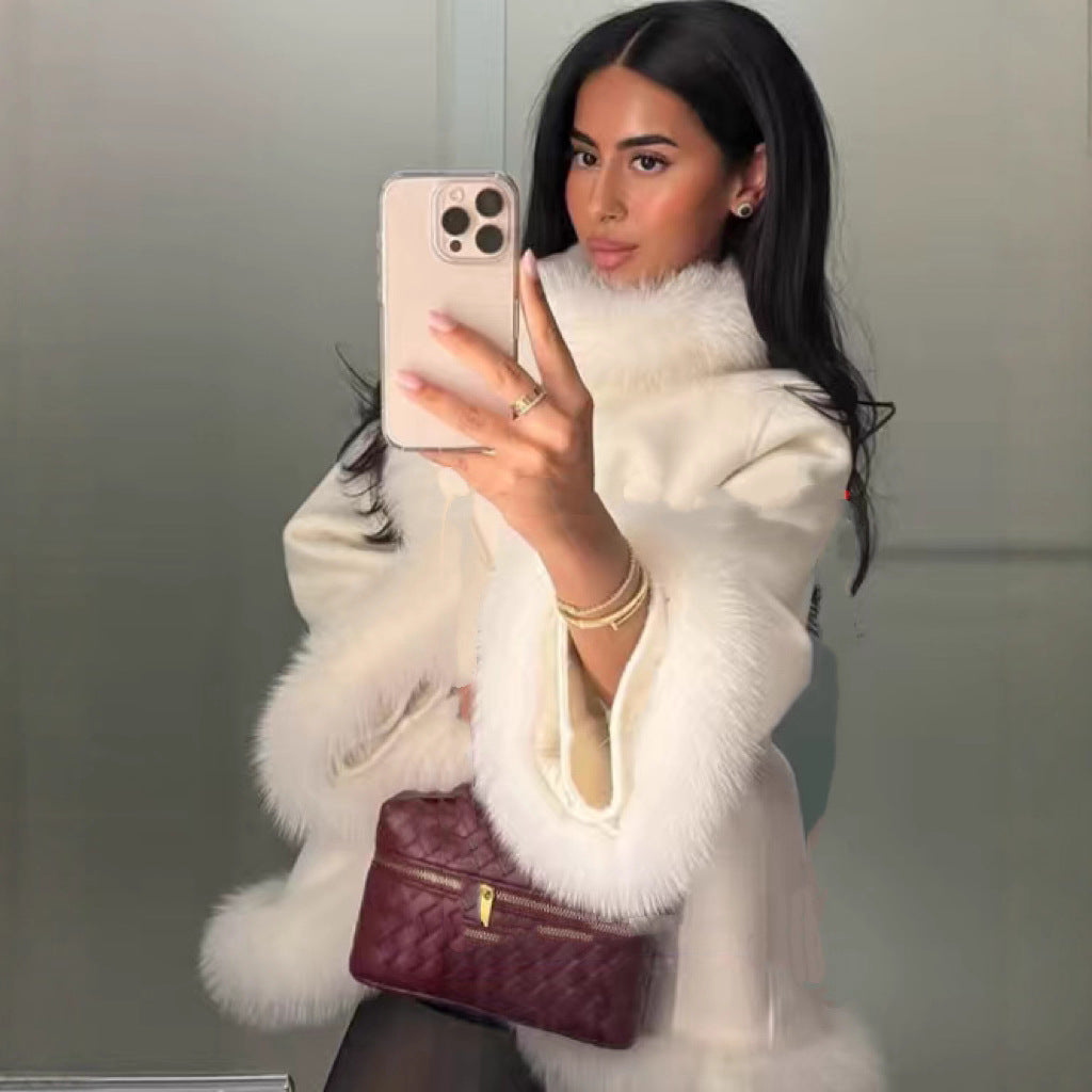 Women's Style Fur Stitching Temperament Woolen Outerwear Coats