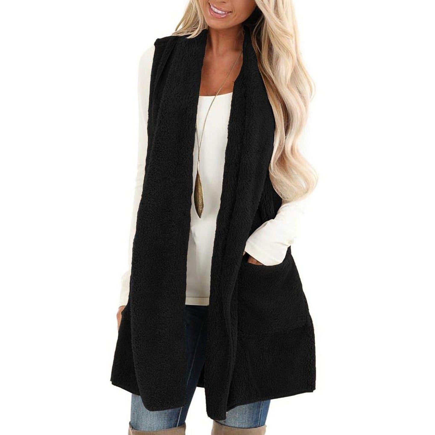 Women's Loose Fashion Solid Color Pocket Sleeveless Plush Large Women's Vest