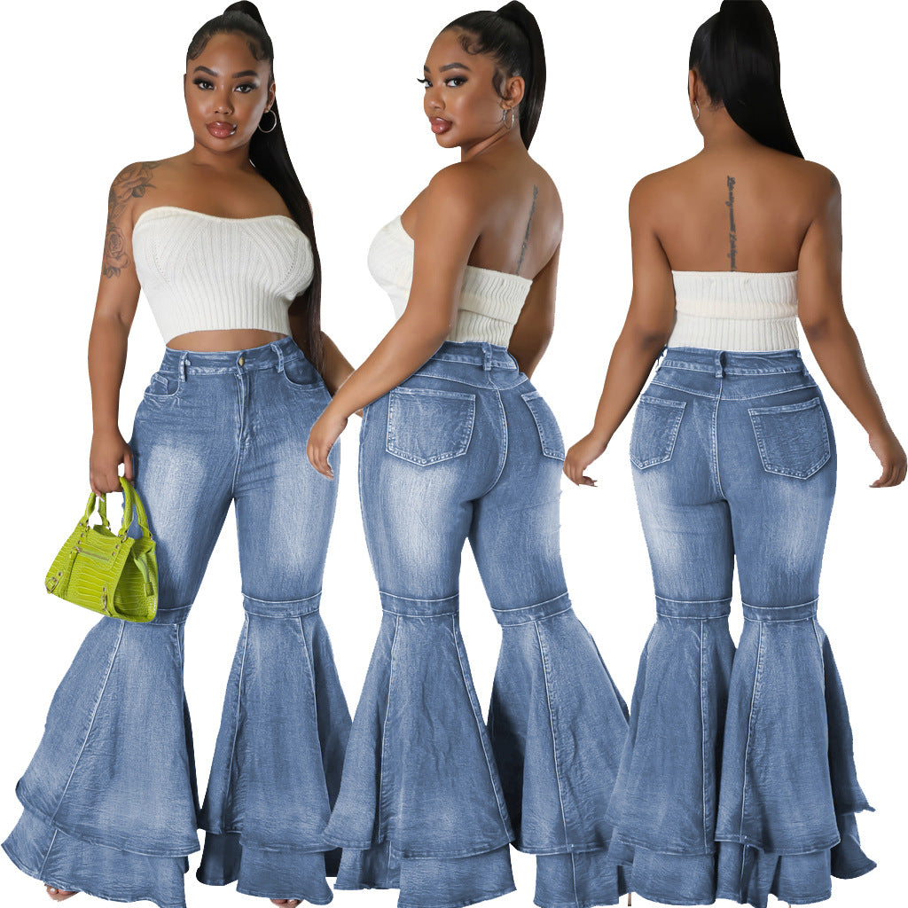 Comfortable Fashionable Washed Denim Stretch Flared Jeans