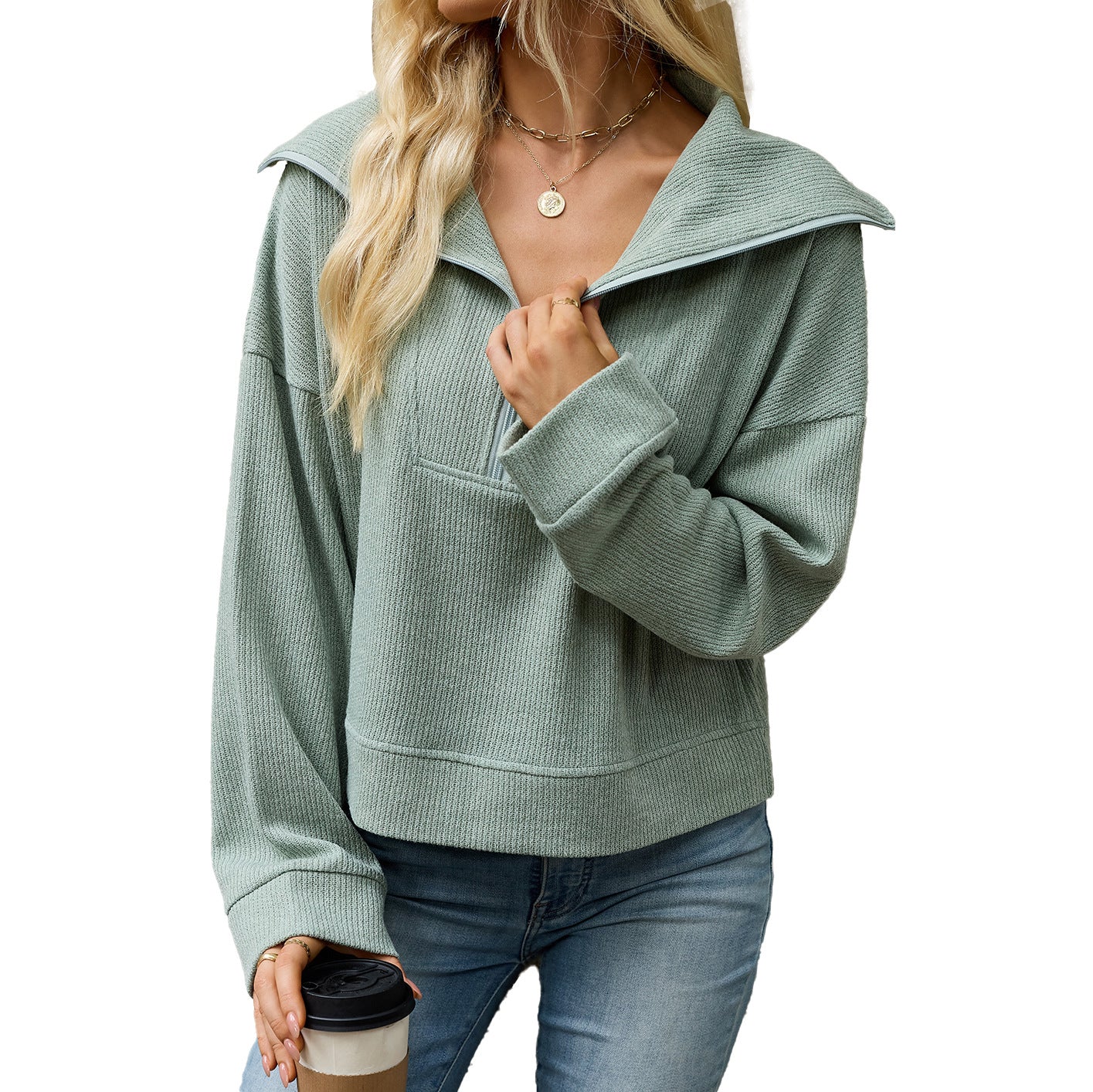 Women's Solid Color Polo Collar Zipper Loose Long Tops