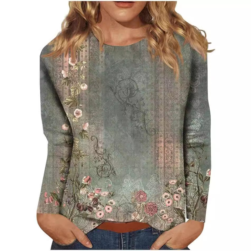 Women's Round Neck Long Sleeve Loose Print Tops