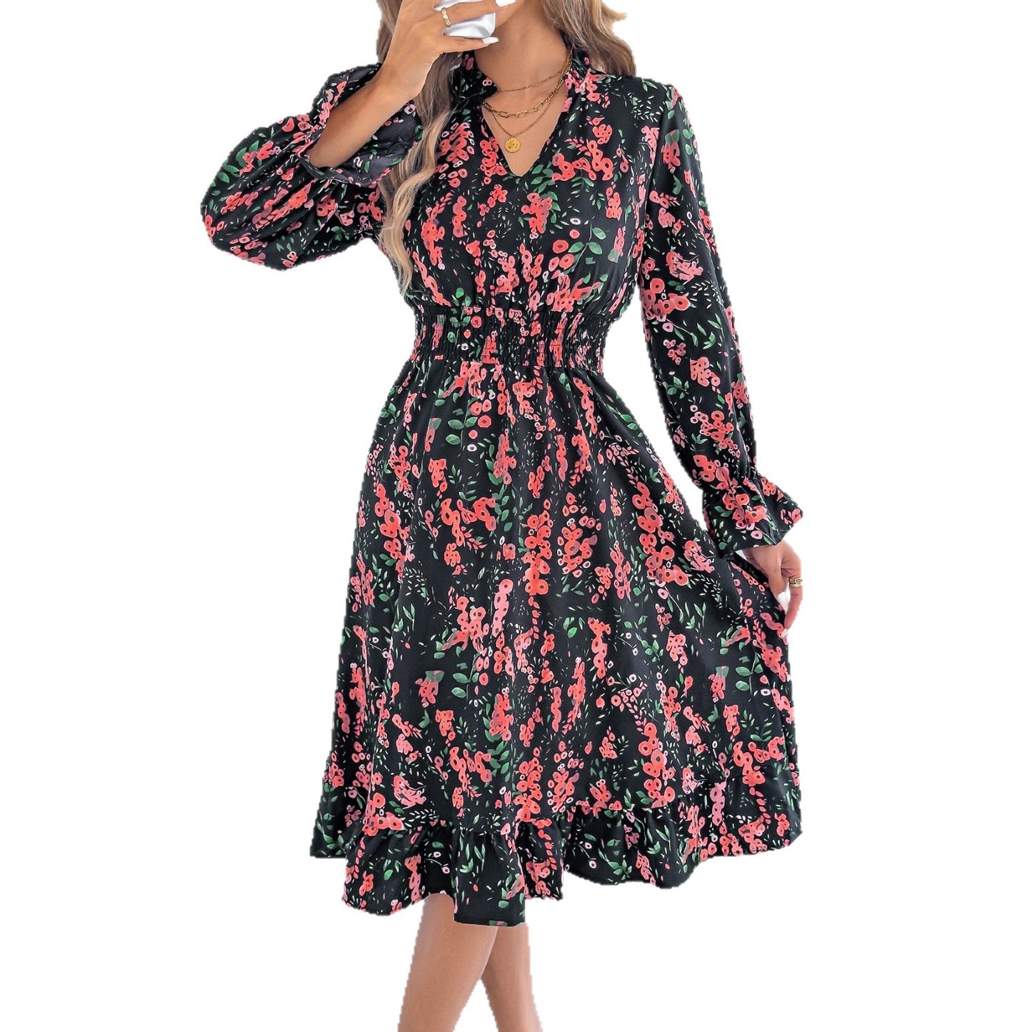 Women's Casual Floral Flared Sleeve Waist A- Dress