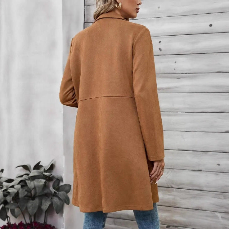 Women's Suede Fashionable Casual Polo Collar Mid-length Coats
