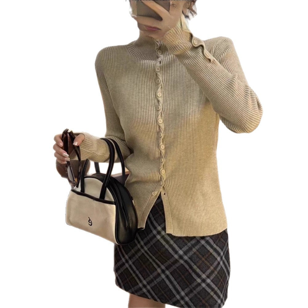 Women's Turtleneck Stand Collar Decorative Buttons Slim Knitwear