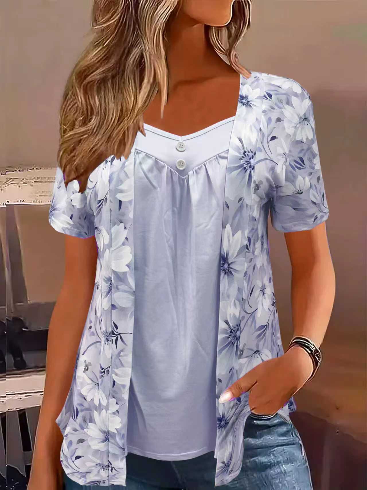 Women's Fake Two Pieces Sleeve Printed Fashion Women's T-shirt