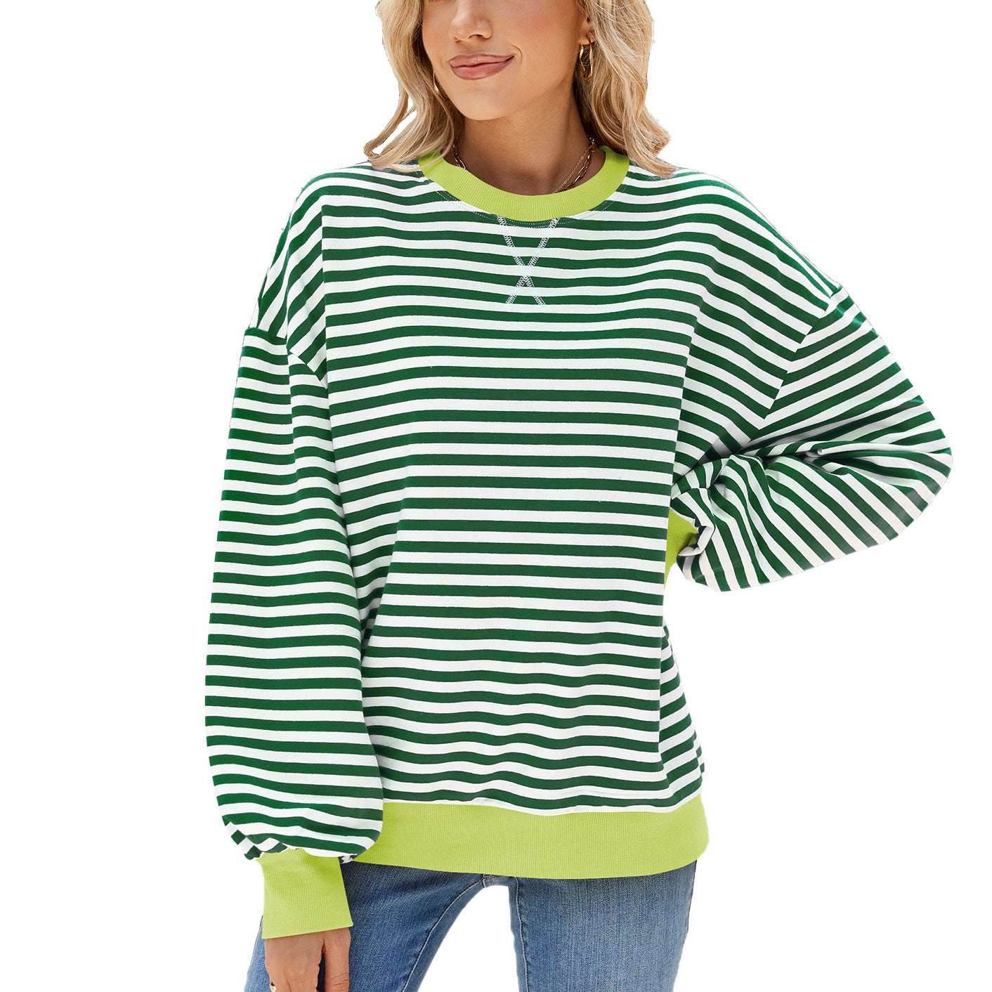 Women's Round Neck Contrast Color Loose Long Sleeve Women's Sweater, Sweater