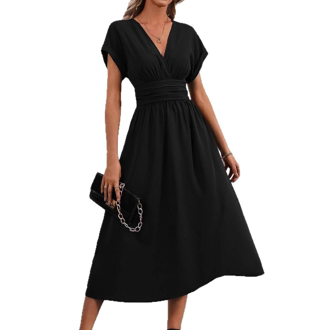 Women's Color Overlapping Batwing Sleeve Waist Pleated Long Dress