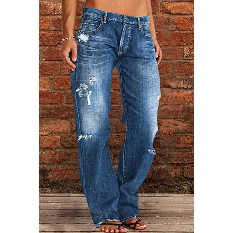 Women's Denim Trousers Trendy Mid Waist Ripped Jeans