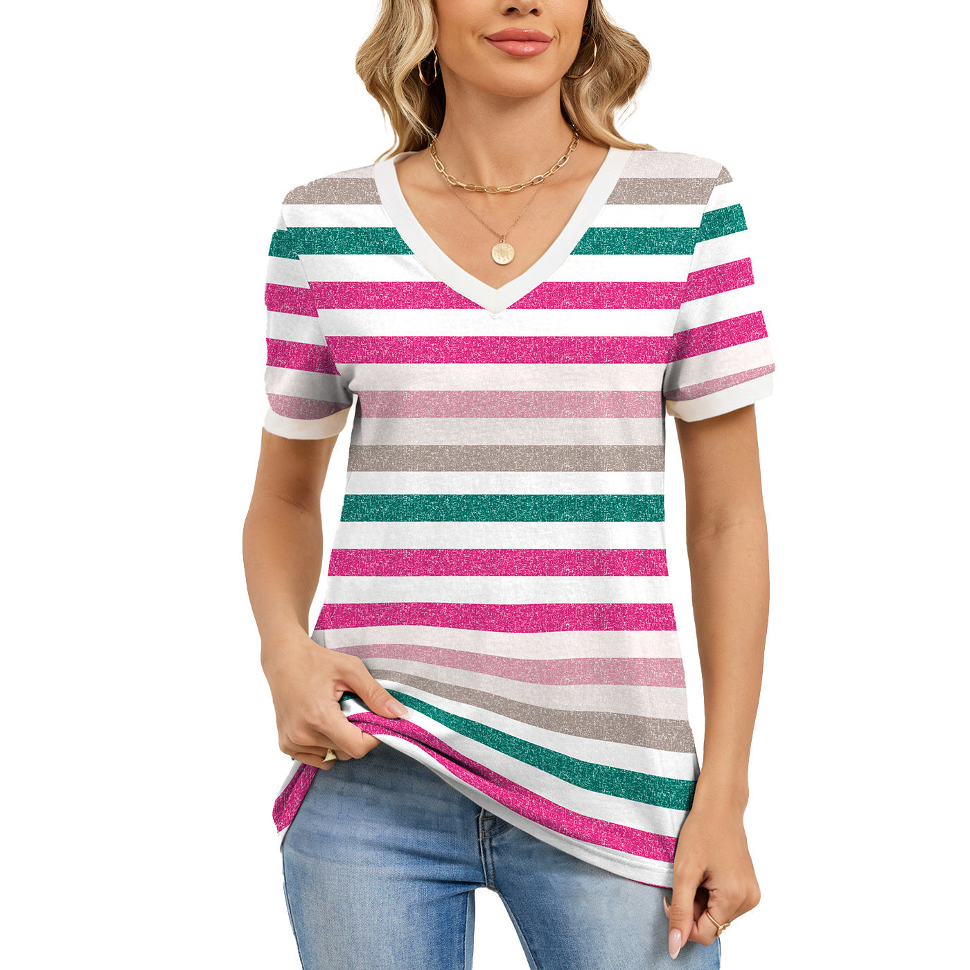 Attractive Striped V Neck Loose Sleeve Shorts