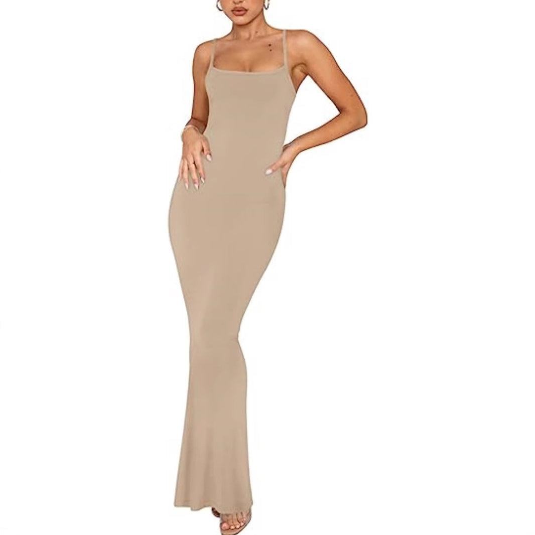 Women's Summer Solid Color Sling Casual Bottoming Rest Sexy Long Dress