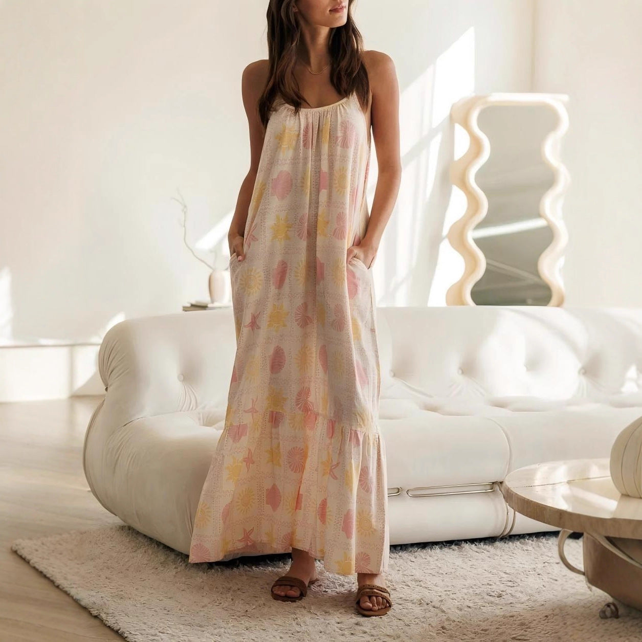 Women's Fashionable Elegant Casual Strap Pocket Printed Dress