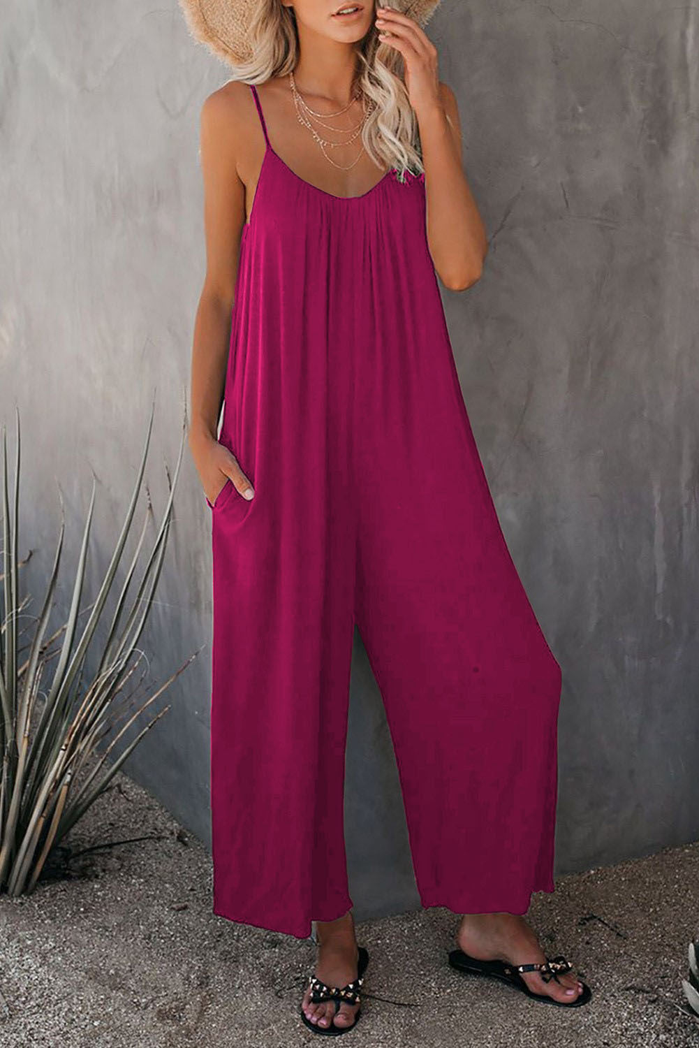 Women's Sling Summer Solid Color Pocket Jumpsuits
