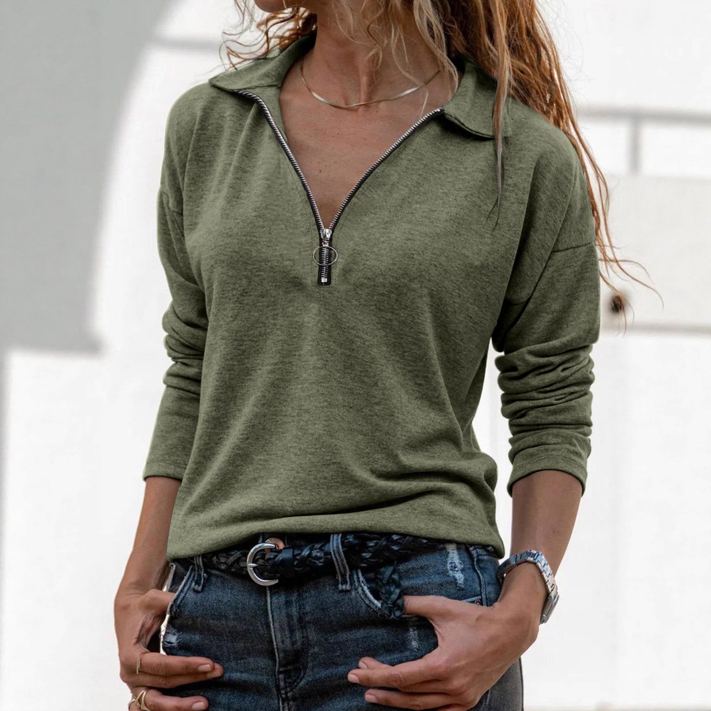 Women's Knitted Fabric Lapel Zipper Casual Long Women's T-shirt