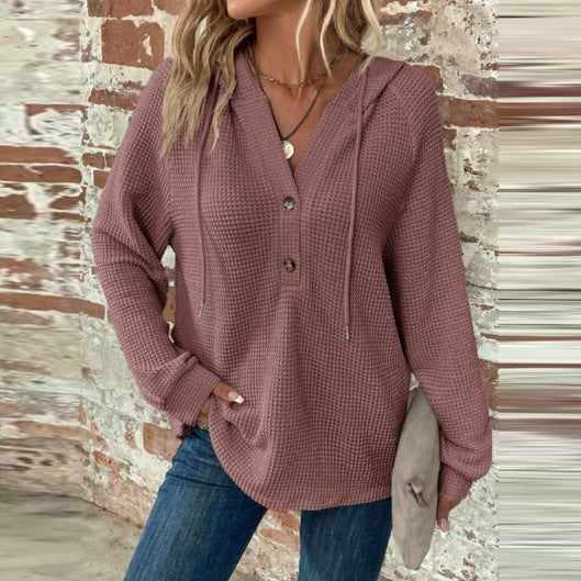 Women's Color Waffle Hooded Button Loose Long Women's Sweater, Sweater