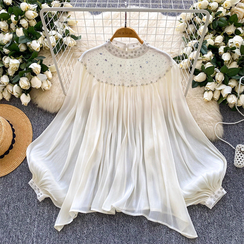 Rhinestone Lantern Sleeve Tassel Gauzy Shirt Blouses