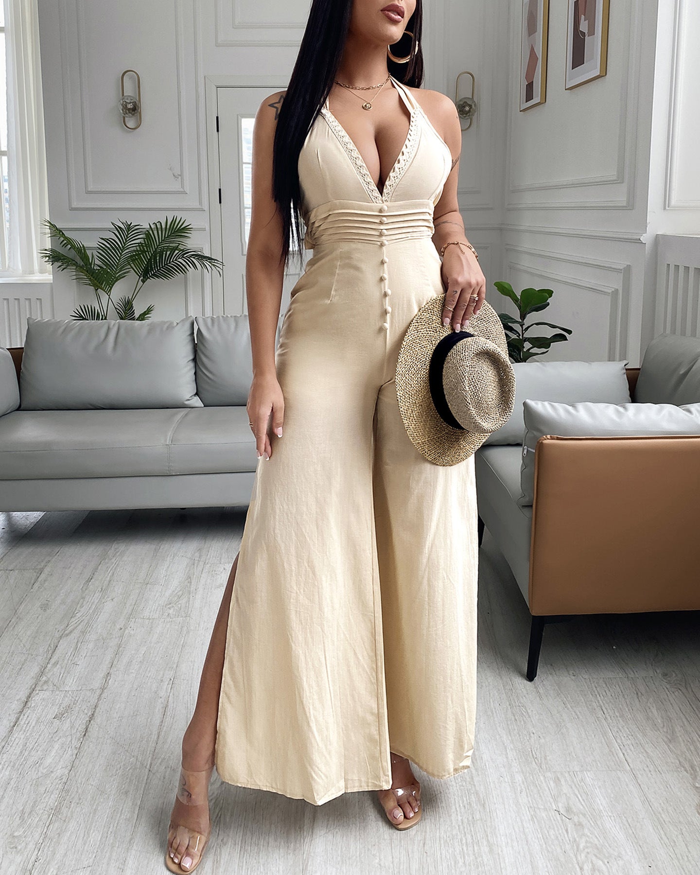 Innovative Beige Halter Lace Patchwork Slit Jumpsuits