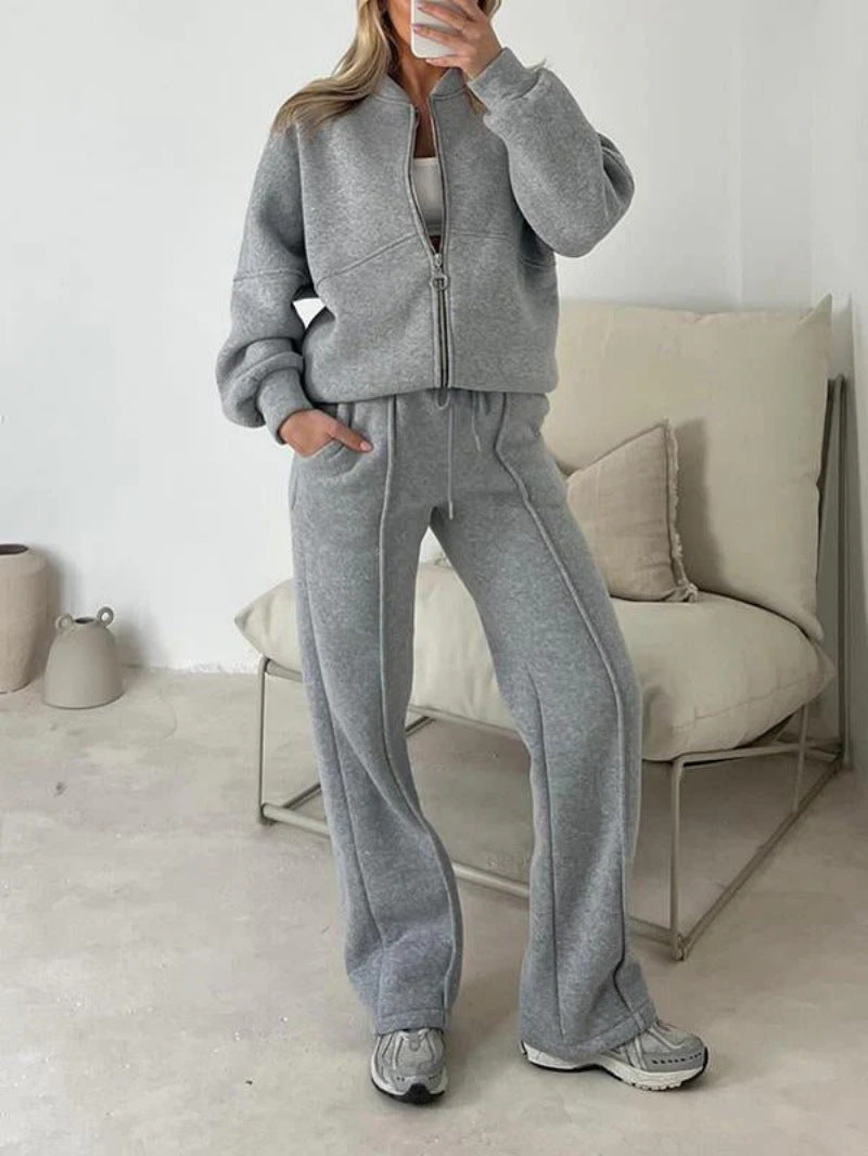 Women's Casual Set Solid Color Long-sleeved Zipper Suits