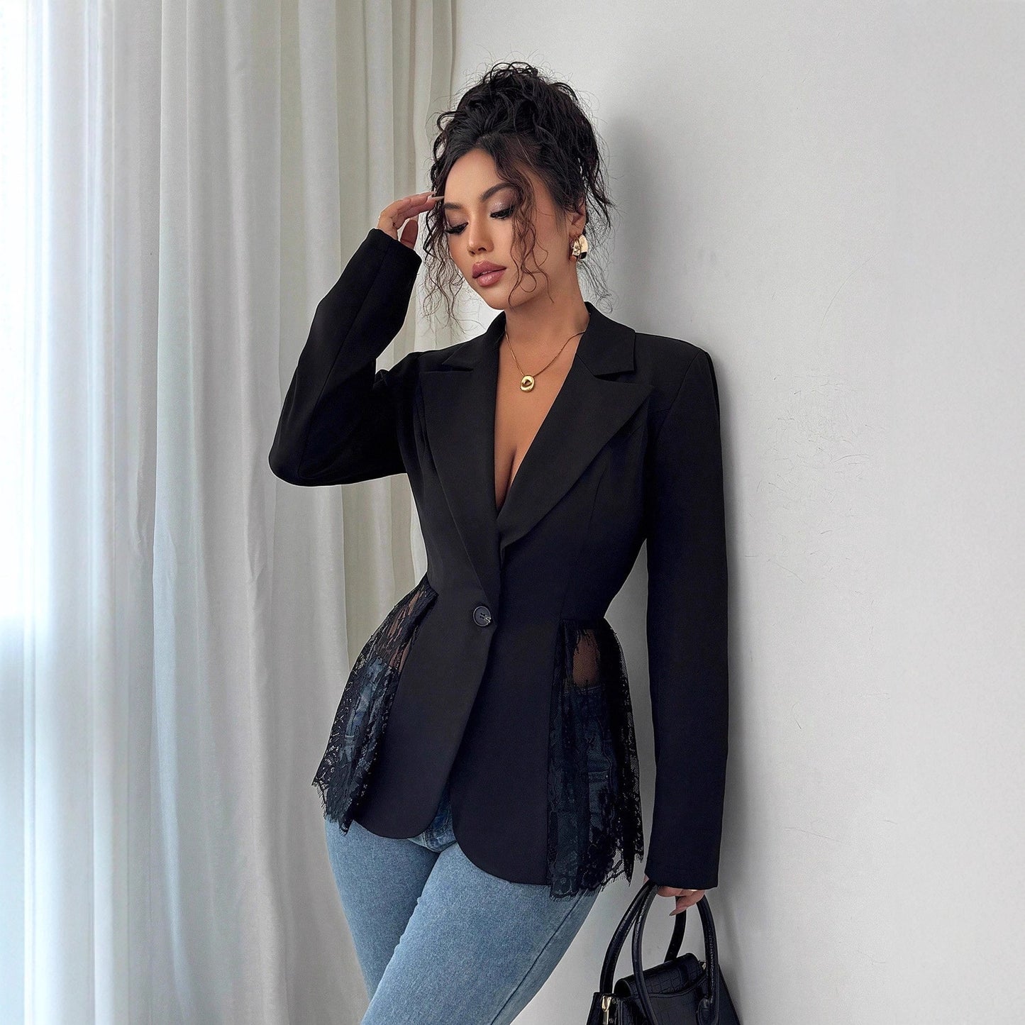 Women's Contrast Color Lace Waist Slim Fit Suits