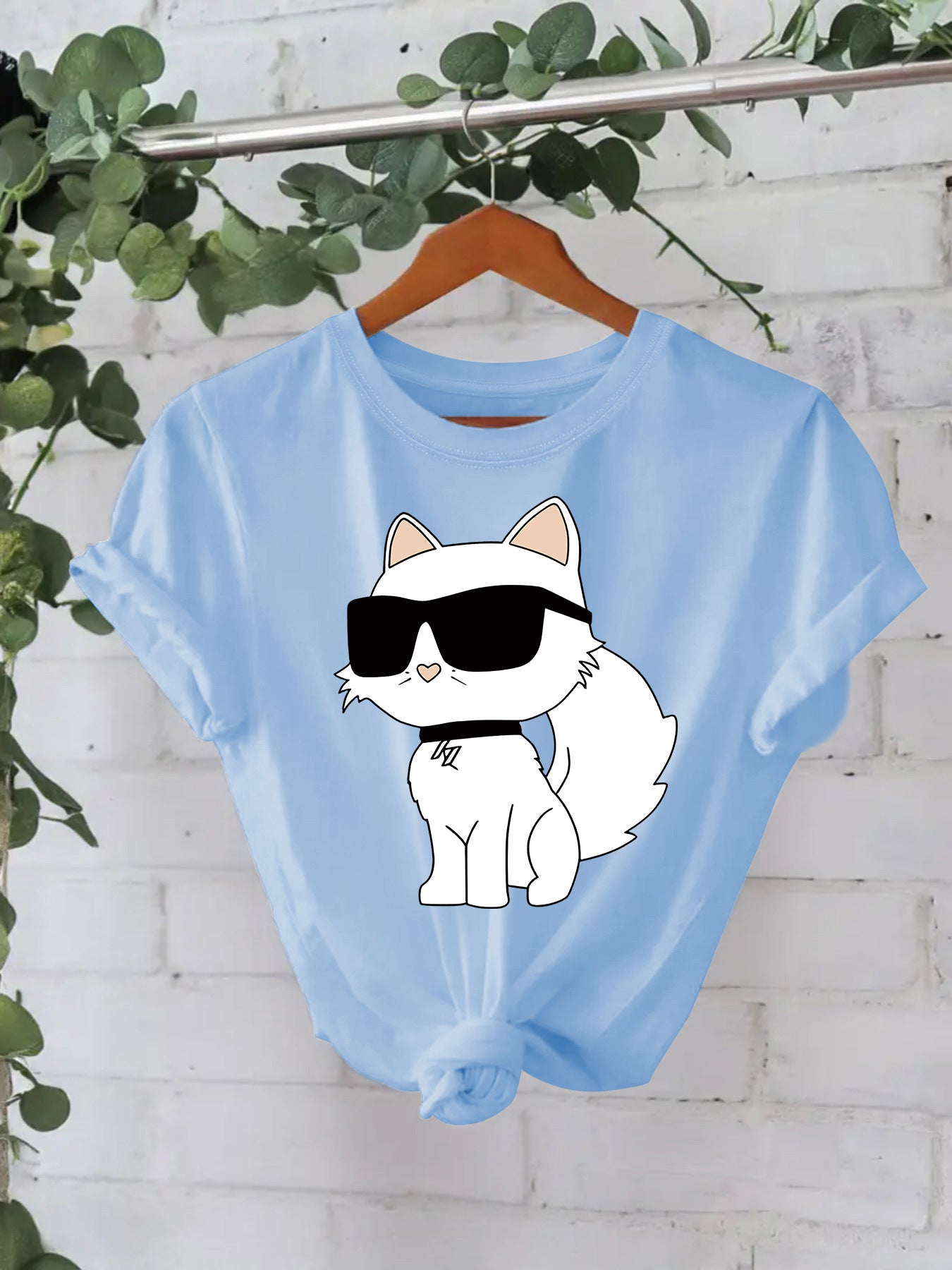 Casual Sleeve Female White Sunglasses Cat Summer Round Neck Women's T-shirt