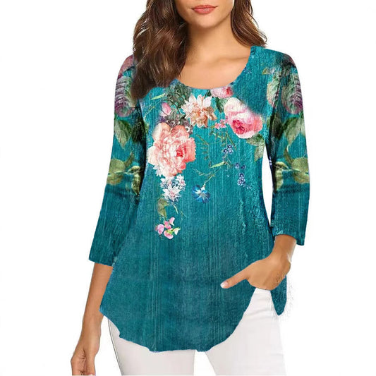 Autumn Three-quarter Sleeve Round Neck Printed Mid-length Bottoming Tops