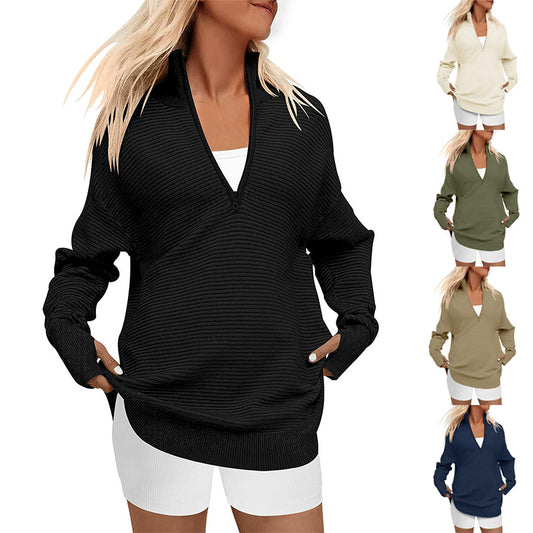 Women's Batch Long Sleeve Half Zipper Casual Sweaters