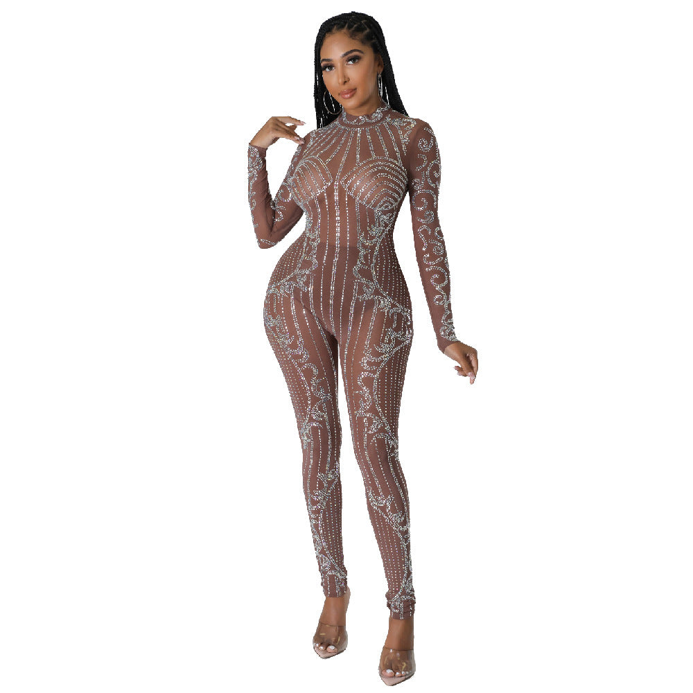 Flattering Rhinestone Long Sleeve Banquet One-piece Jumpsuits
