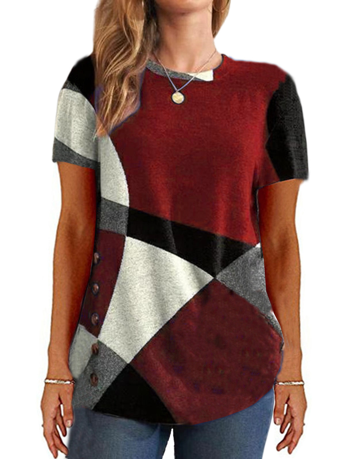 Women's French Cashmere Printing Color Contrast Sleeve Women's T-shirt