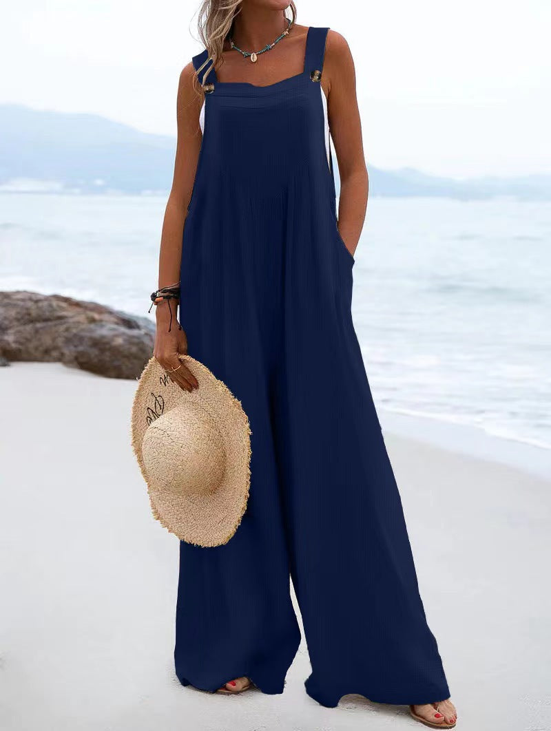 Women's Style Fashion Button Solid Color Wide Jumpsuits