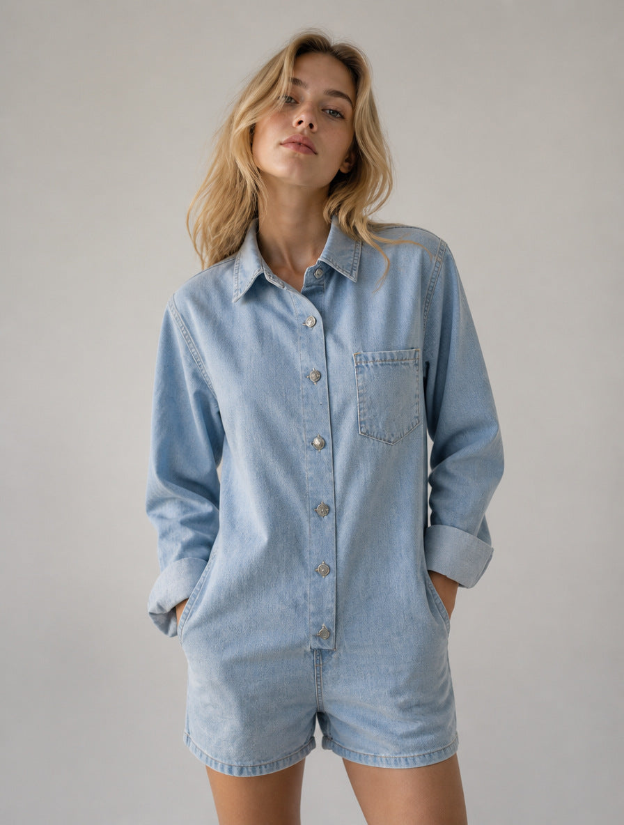 Women's Long Sleeve Casual Loose Cowboy Siamese Women's Jumpsuit/clothing