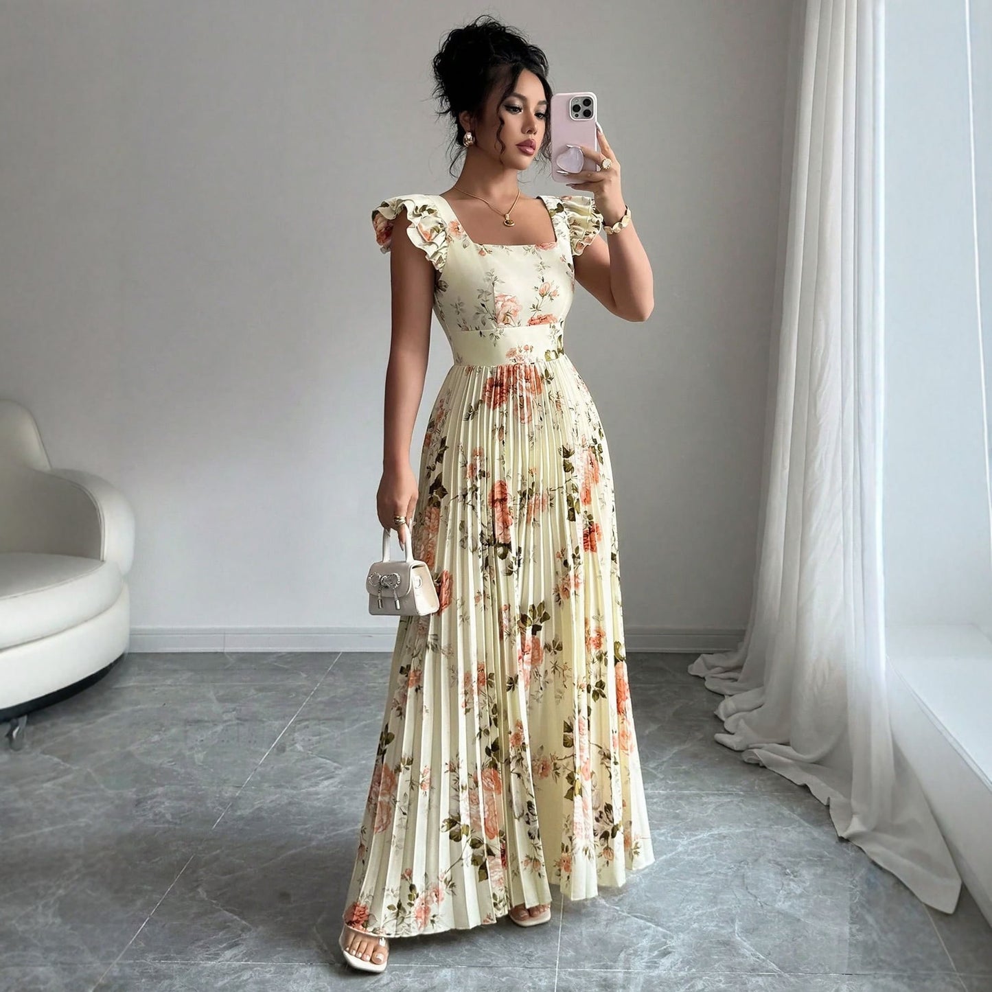 Women's Flounced Sleeve Cinched Pleated Casual Vacation Dress