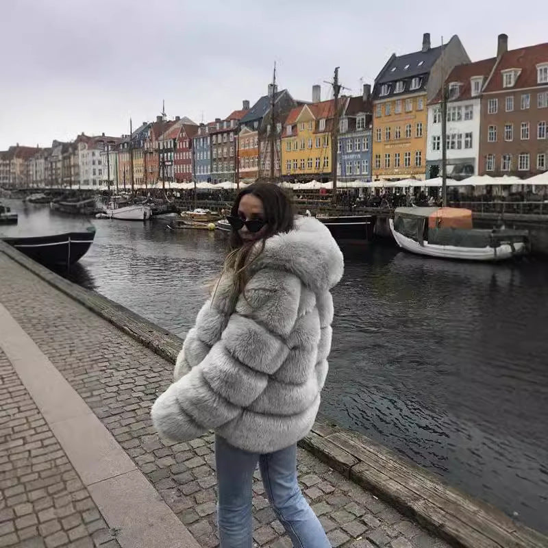 Women's Thickened Warm Furry Long Sleeve Hood Coats