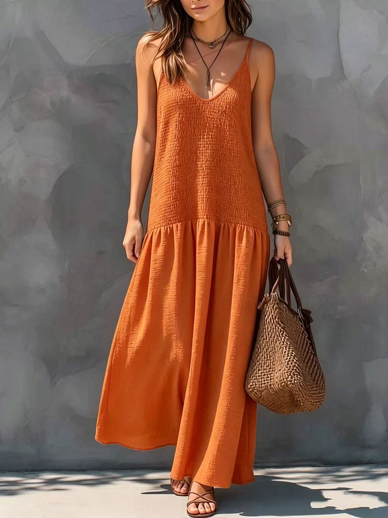 Retro Bohemian Style Backless Smocking Design Strap Long Dress