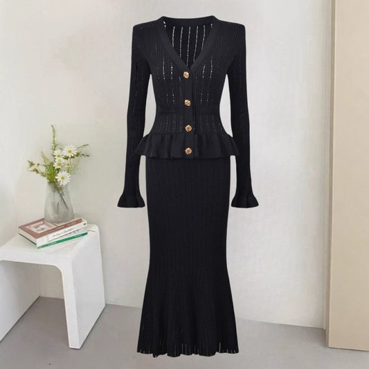 Knitted Dress Long Sleeve Fishtail Fashion Buttons Dresses