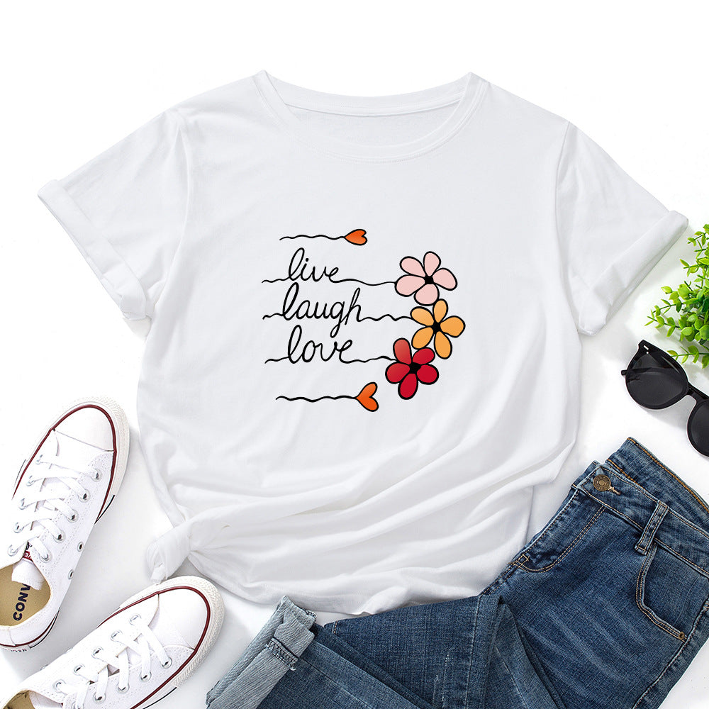 Women's Cotton Loose Round Neck Sleeve Women's T-shirt