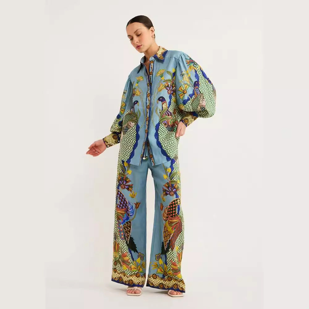 Women's Personalized Printed Puff Sleeve Vacation Lace Fashion Casual Suit