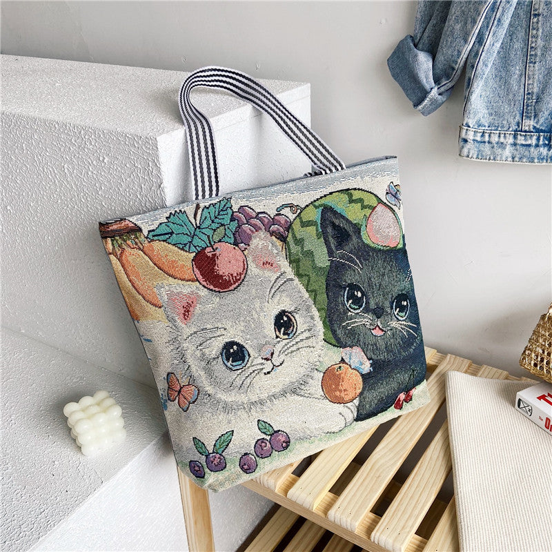 Fashionable Ethnic Style Shopping Cartoon Linen Shoulder Bags