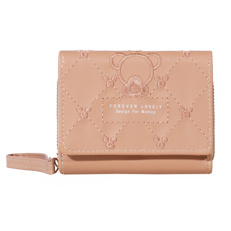 Women's Korean Embroidered Short Zipper Tri Fold Purses