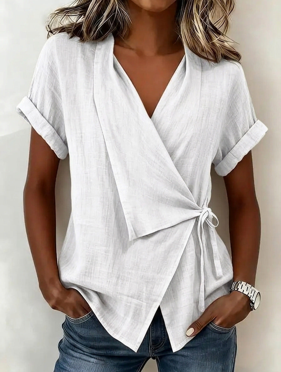 Summer Casual Solid Color Polo Collar Irregular Women's T-shirt
