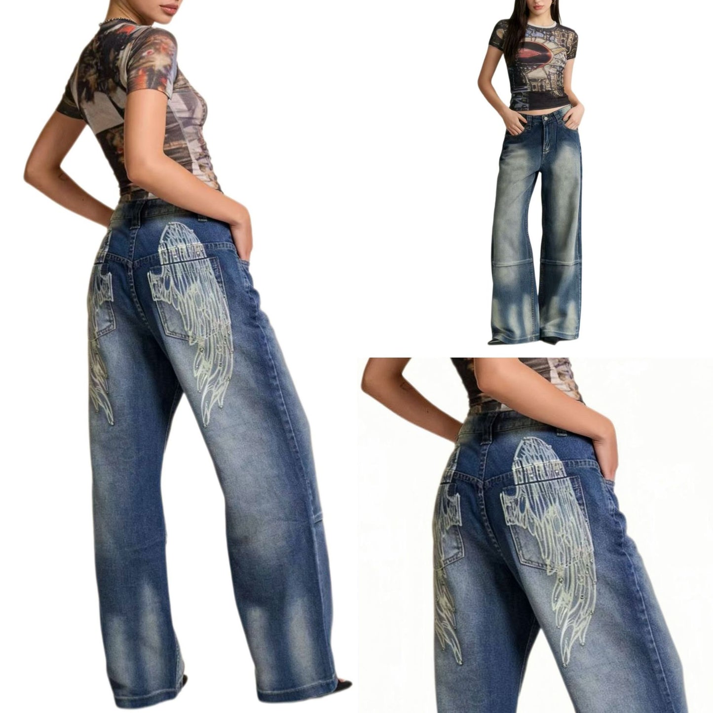 Women's Source Washed Distressed Gradient Wings Printing Retro Loose Women's Jeans